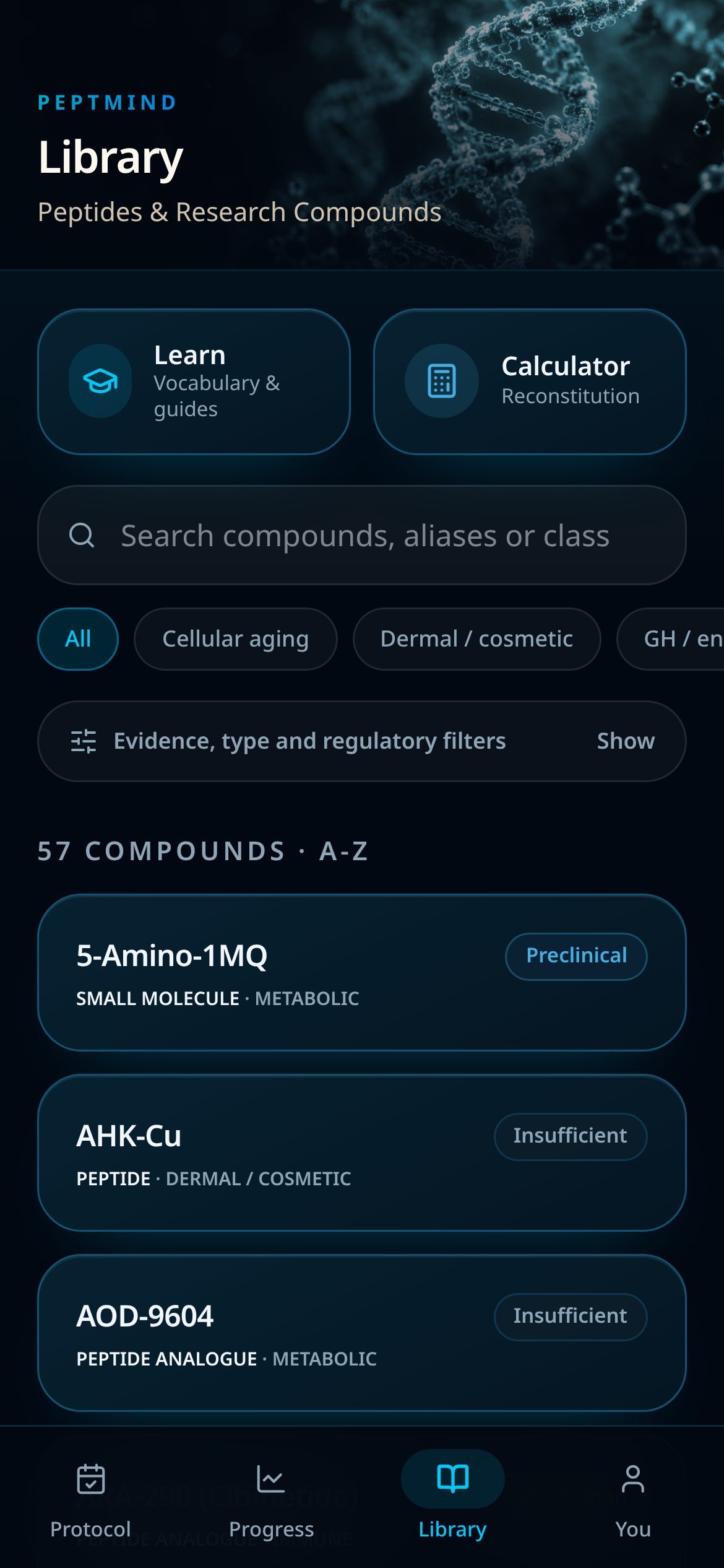 PeptMind Library screen listing peptides and research compounds with evidence filters