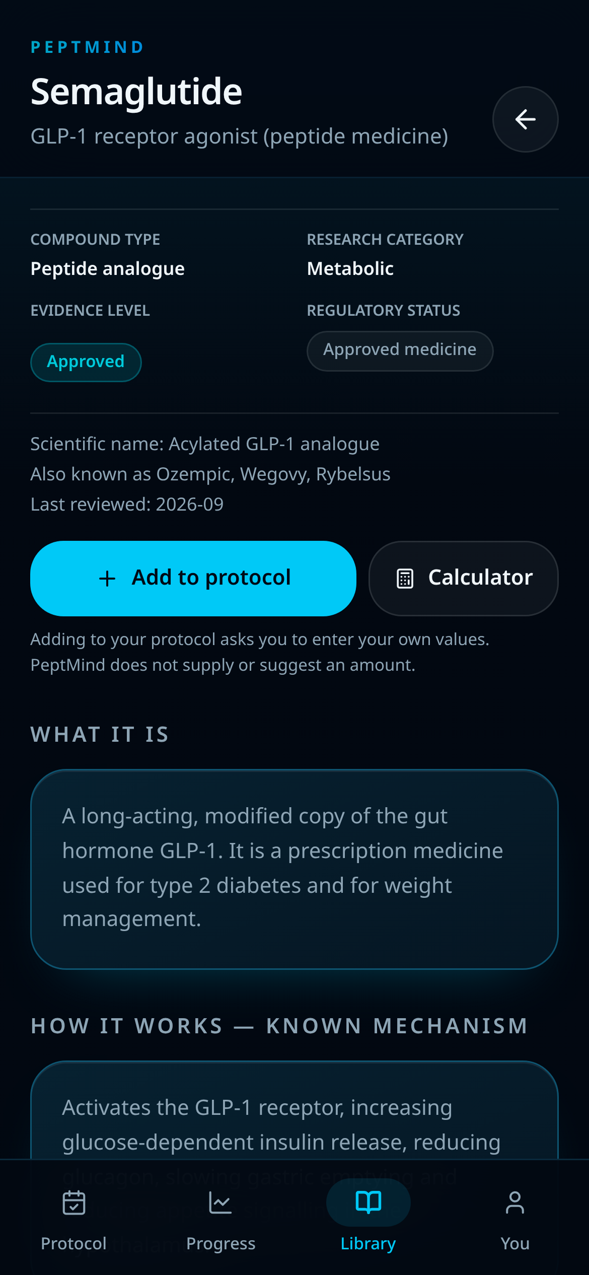 PeptMind compound detail screen showing evidence level and regulatory status
