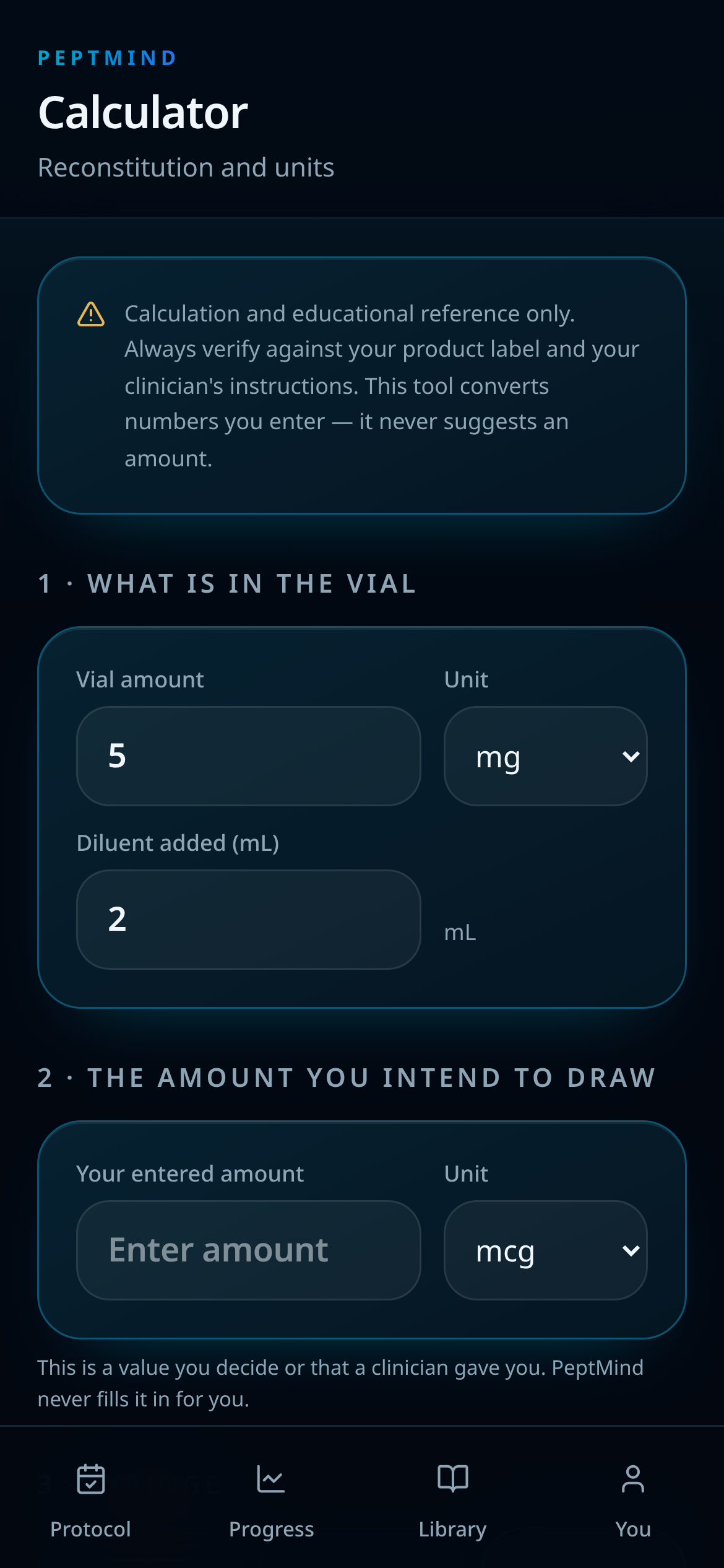 PeptMind reconstitution calculator screen